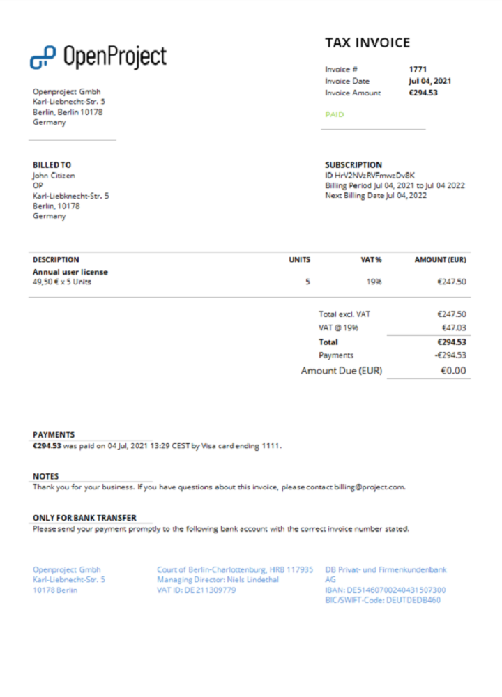 Germany OpenProject leading open source project management software invoice PSD template